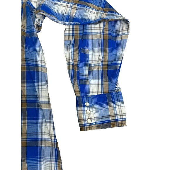 Vintage‎ Wrangler Wrancher Men's Large Blue/Tan Plaid Pearl Snap Shirt Size 2X - Picture 5 of 6